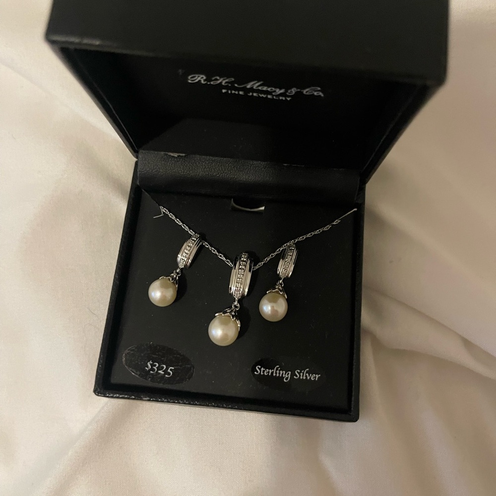 Macy's Sterling Silver and Pearl Earring Set - Picture 1 of 3